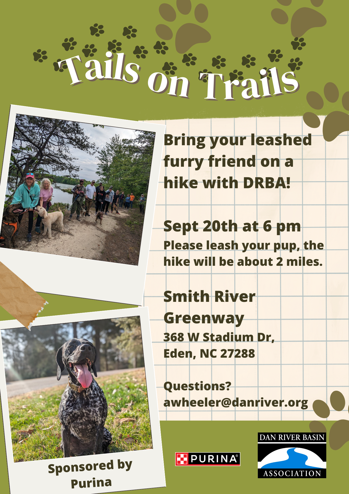 Flyer for event. Photos of dogs on a trail with their owners beside them! 