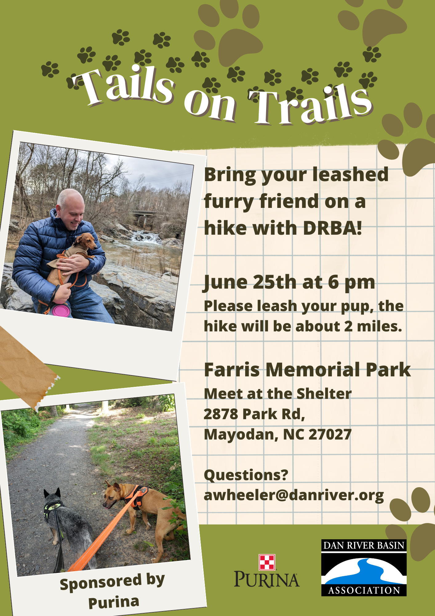TAILS ON TRAILS FLYER WITH INFORMATION LISTED IN THE TEXT. PHOTOS OF CUTE PUPPIES ON THE TRAIL.