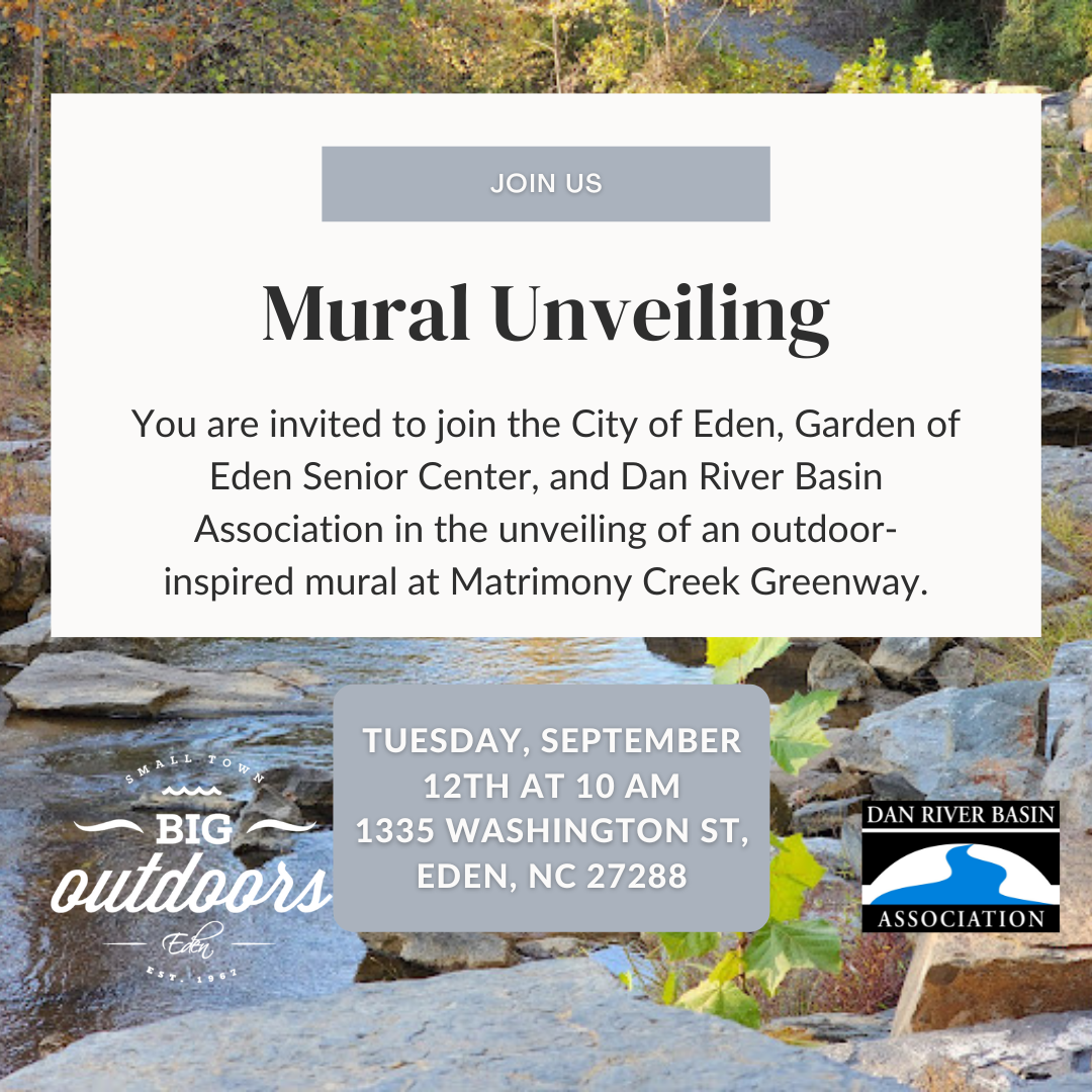 Invitation with photo of matrimony creek in the background, text is above on the event description. Kayaking nature art  exhibit eden