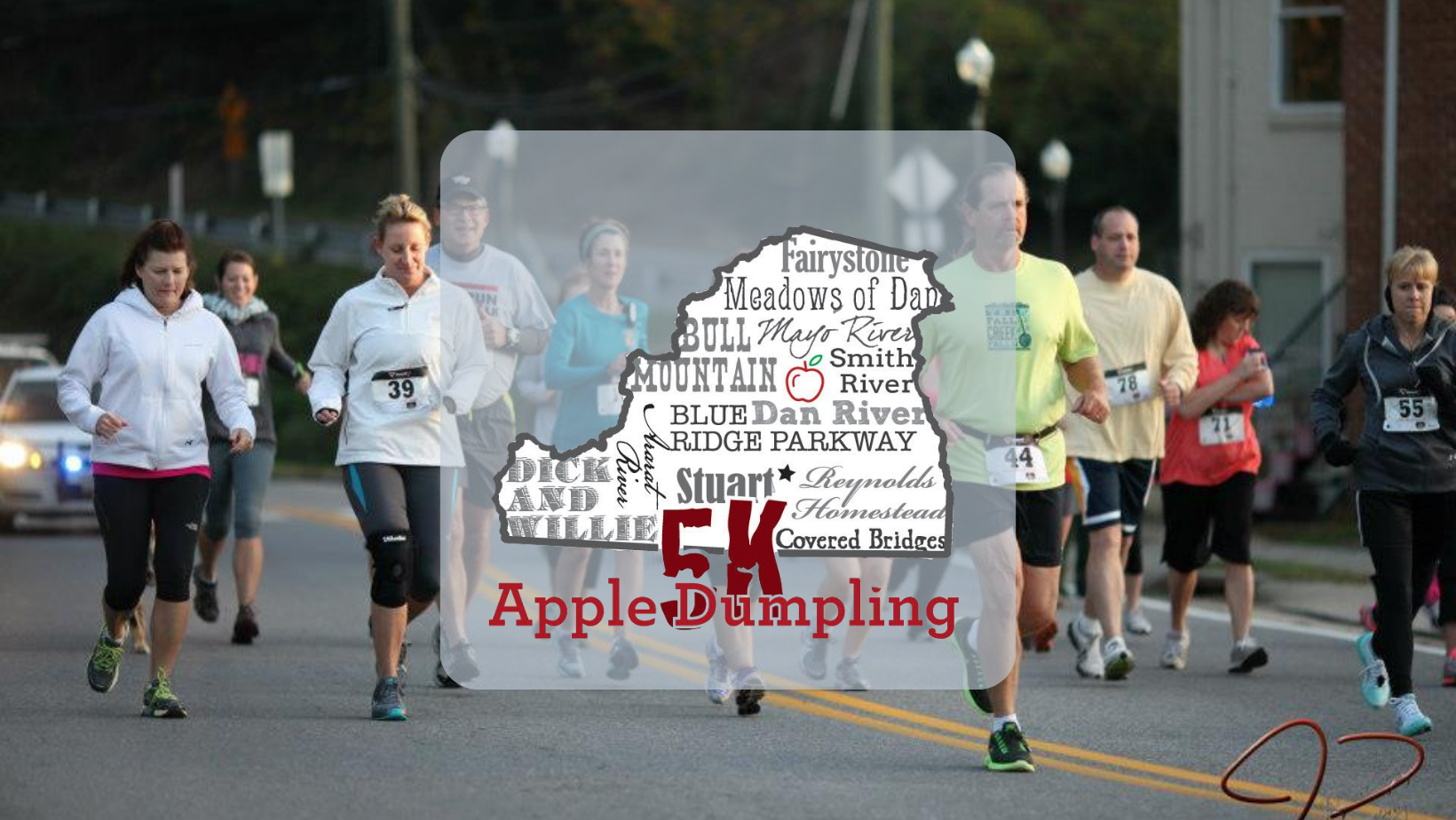 a cover photo with runners starting at the beginning of the race on the Mayo River Rail Trail for the apple dumpling 5k
